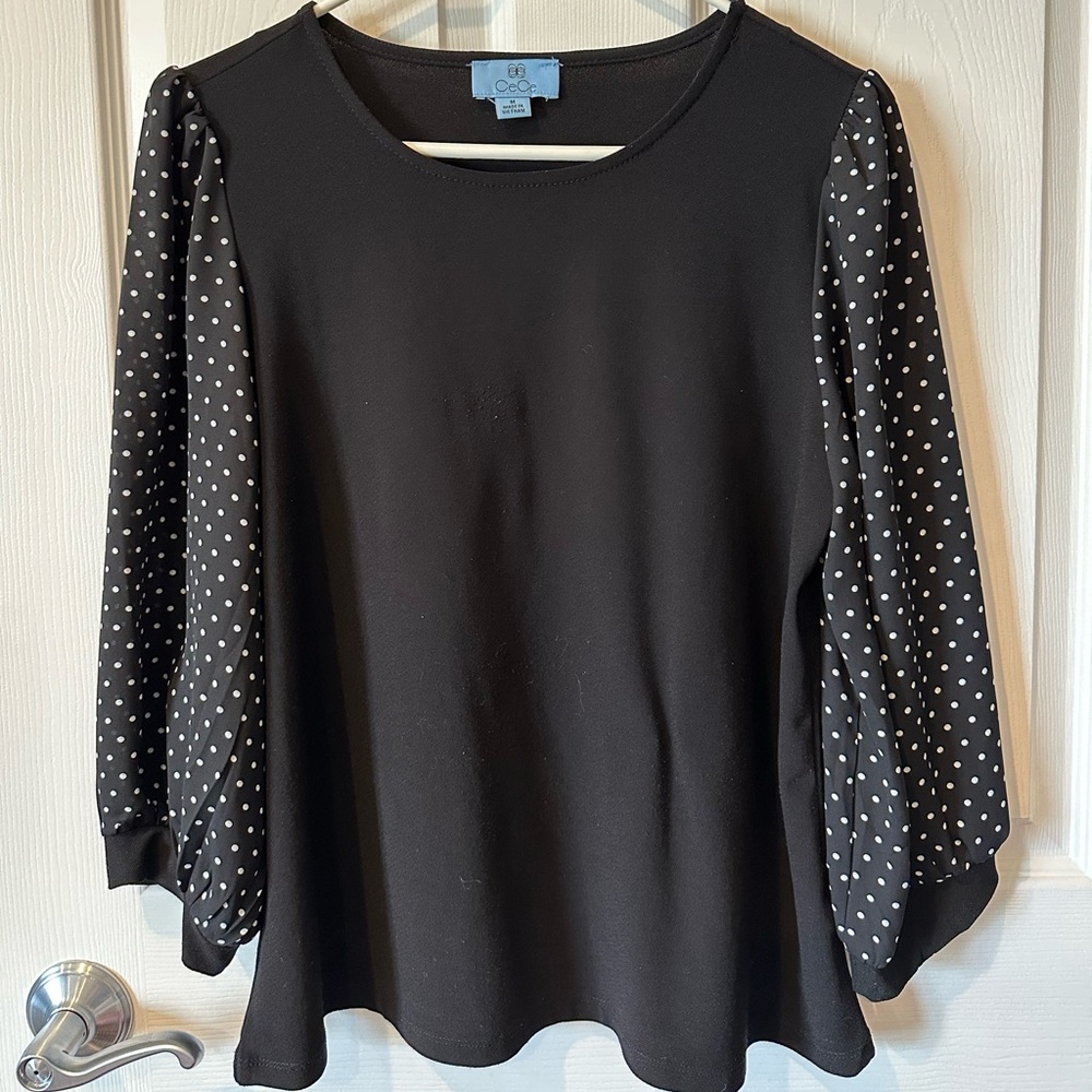 CeCe Black Blouse with Polka Dot Sleeves